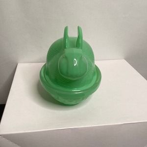 Jadite Glass covered Rabbit candy dish